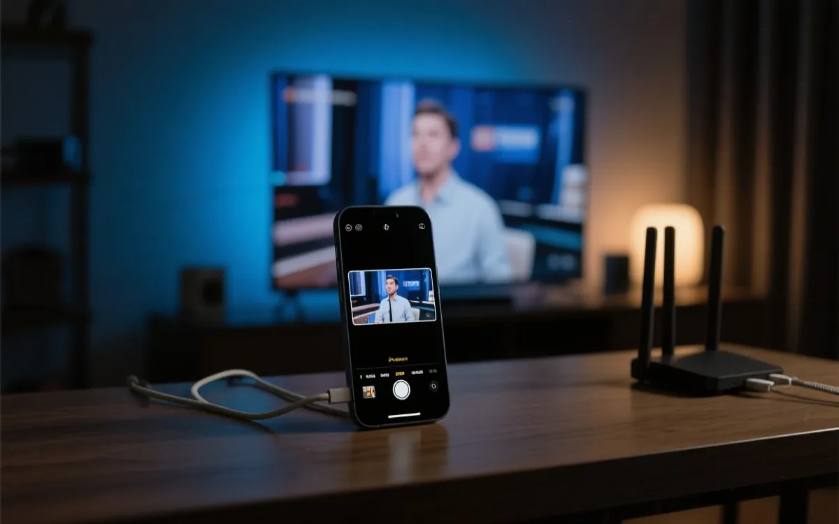 手机开启画中画同时投屏到电视的观赛场景，桌面有充电线与路由器