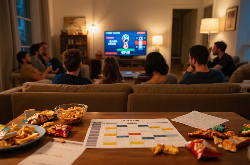 墨西哥球迷在室内观看世界杯,屏幕上显示比分变化与积分榜更新